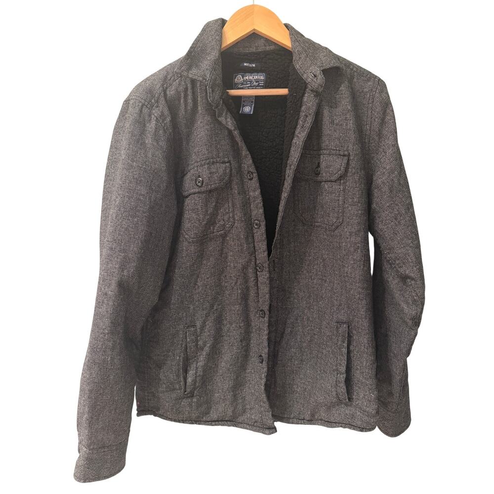 American Rag Faux Fur Lined Shirt Jacket Gray Button Front Shacket Women's M